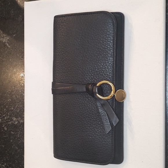 Chloe Alphabet Leather Long Bifold Wallet Dark Blue Gold Hardware Used